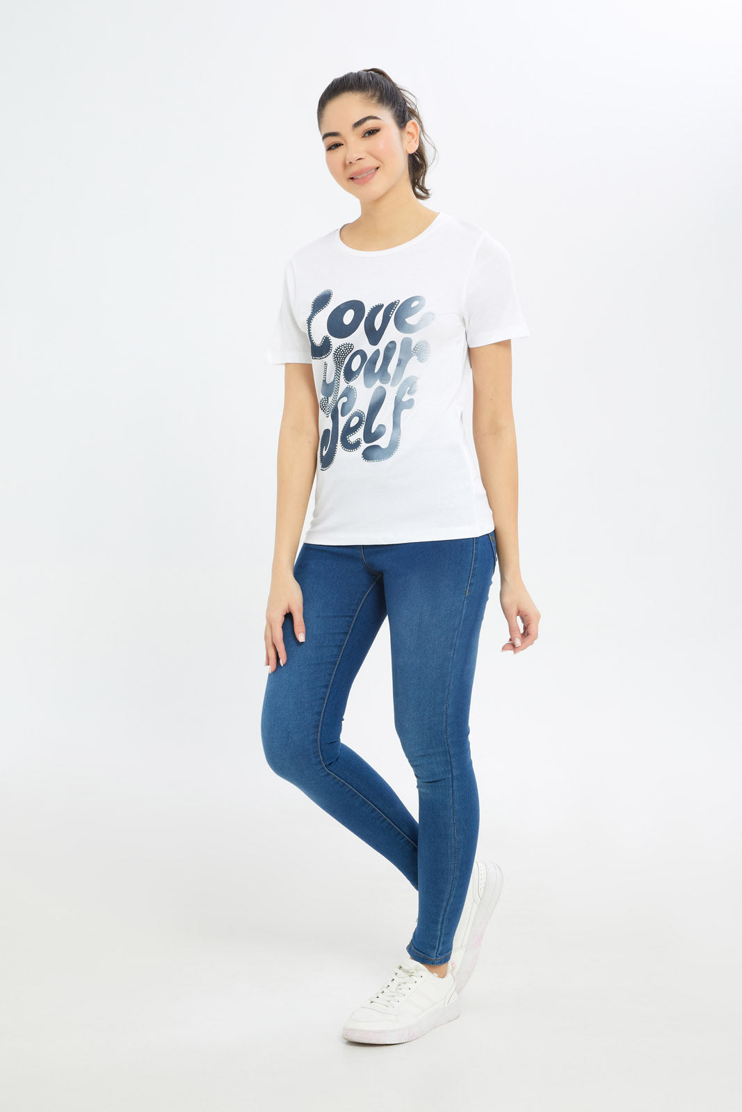 Redtag-Women-White-Love-Yourself-Embellished-T-Shirt-Category:T-Shirts,-Colour:White,-Deals:New-In,-Filter:Women's-Clothing,-H1:LWR,-H2:LAD,-H3:TSH,-H4:CAT,-New-In-Women-APL,-Non-Sale,-Promo:TBL,-S23C,-Season:S23C,-Section:Women,-TBL,-Women-T-Shirts-Women's-