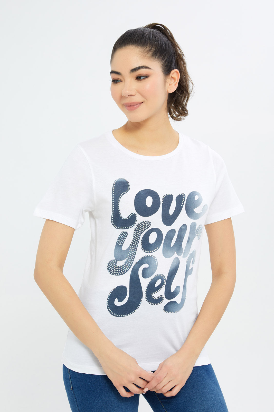 Redtag-Women-White-Love-Yourself-Embellished-T-Shirt-Category:T-Shirts,-Colour:White,-Deals:New-In,-Filter:Women's-Clothing,-H1:LWR,-H2:LAD,-H3:TSH,-H4:CAT,-New-In-Women-APL,-Non-Sale,-Promo:TBL,-S23C,-Season:S23C,-Section:Women,-TBL,-Women-T-Shirts-Women's-