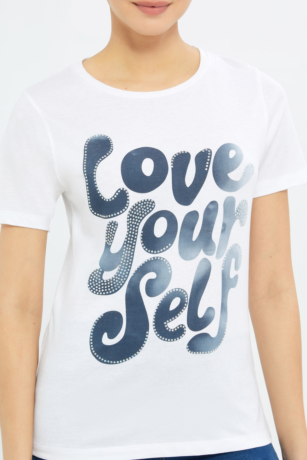 Redtag-Women-White-Love-Yourself-Embellished-T-Shirt-Category:T-Shirts,-Colour:White,-Deals:New-In,-Filter:Women's-Clothing,-H1:LWR,-H2:LAD,-H3:TSH,-H4:CAT,-New-In-Women-APL,-Non-Sale,-Promo:TBL,-S23C,-Season:S23C,-Section:Women,-TBL,-Women-T-Shirts-Women's-