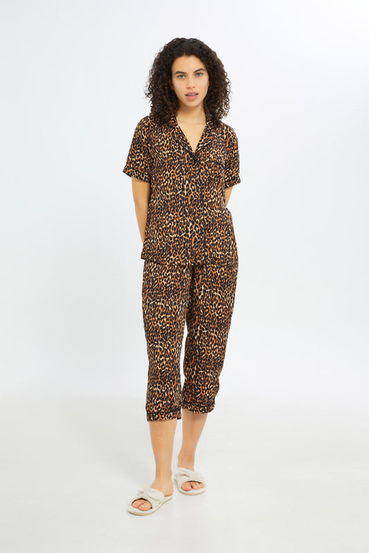 Redtag-Women--Brown-Aop-Short-Sleeves-Pajama-Set-Category:Pyjama-Sets,-Colour:Brown,-Deals:New-In,-Filter:Women's-Clothing,-H1:LWR,-H2:LDN,-H3:NWR,-H4:PJS,-New-In-Women-APL,-Non-Sale,-S23C,-Season:S23C,-Section:Women,-Women-Pyjama-Sets--