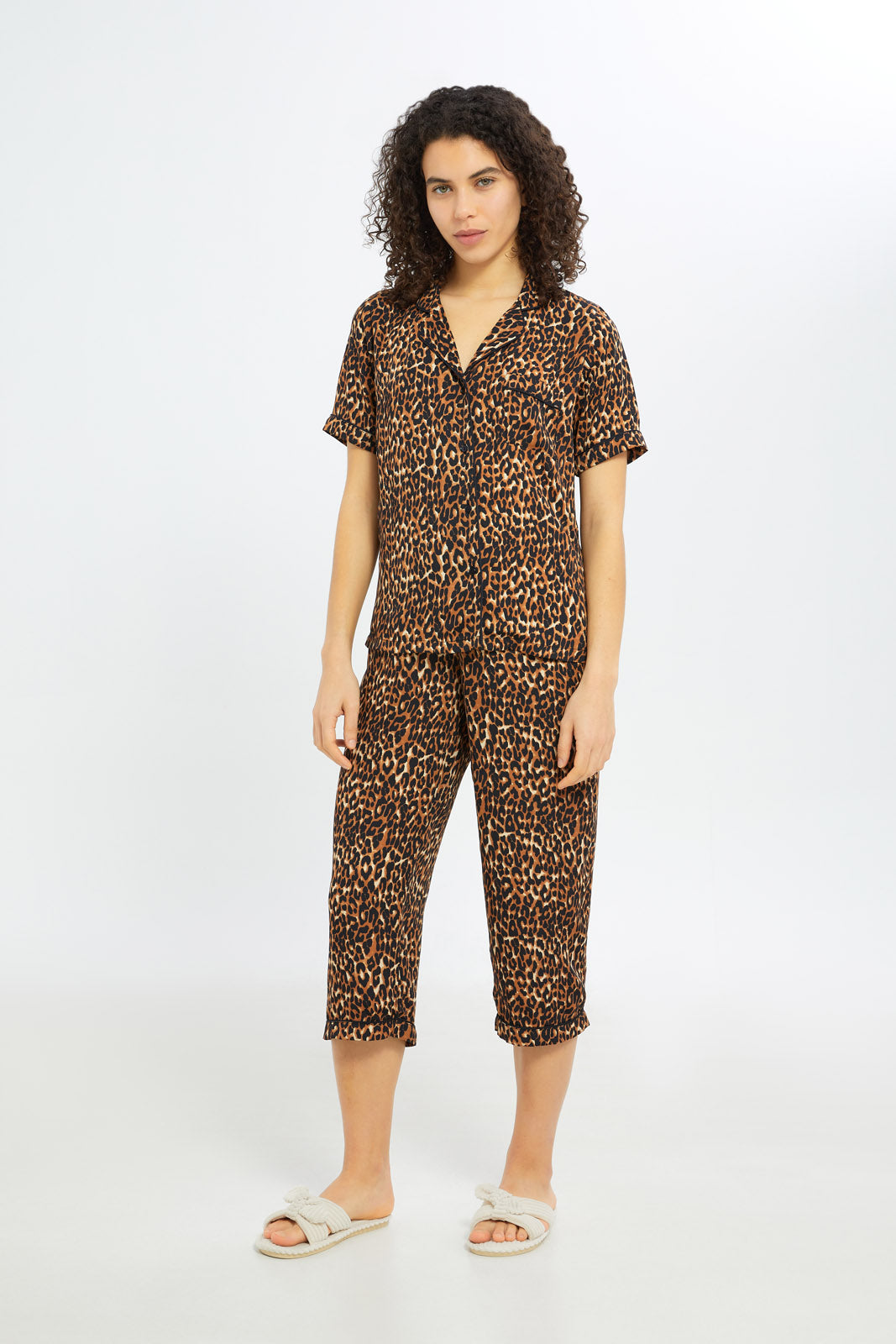 Redtag-Women--Brown-Aop-Short-Sleeves-Pajama-Set-Category:Pyjama-Sets,-Colour:Brown,-Deals:New-In,-Filter:Women's-Clothing,-H1:LWR,-H2:LDN,-H3:NWR,-H4:PJS,-New-In-Women-APL,-Non-Sale,-S23C,-Season:S23C,-Section:Women,-Women-Pyjama-Sets--
