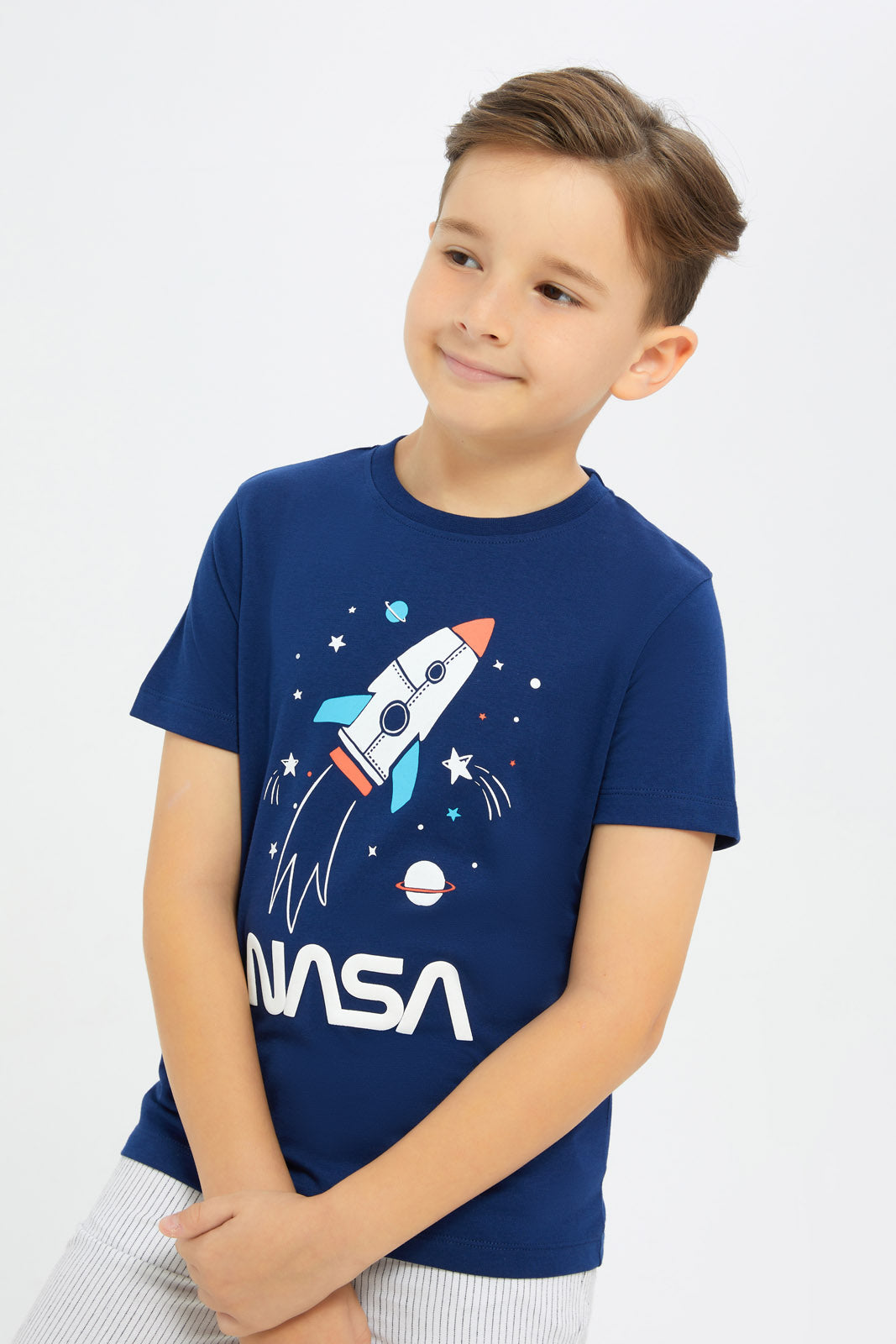Redtag-Boys-Navy-Nasa-Short-Sleeve-T-Shirt-BOY-T-Shirts,-Category:T-Shirts,-CHA,-Colour:Navy,-Deals:New-In,-Filter:Boys-(2-to-8-Yrs),-H1:KWR,-H2:BOY,-H3:TSH,-H4:TSH,-New-In-BOY-APL,-Non-Sale,-S23C,-Season:S23C,-Section:Boys-(0-to-14Yrs)-Boys-2 to 8 Years