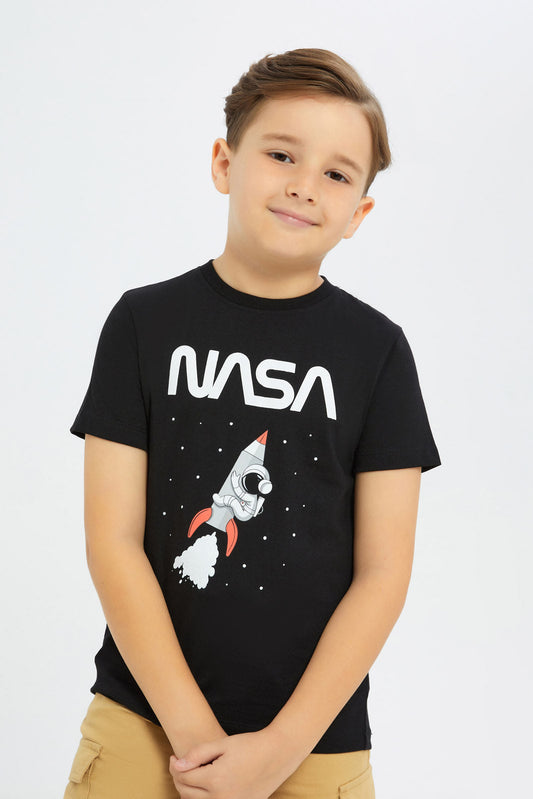 Redtag-Boys-Black-Nasa-Short-Sleeve-T-Shirt-BOY-T-Shirts,-Category:T-Shirts,-CHA,-Colour:Black,-Deals:New-In,-Filter:Boys-(2-to-8-Yrs),-H1:KWR,-H2:BOY,-H3:TSH,-H4:TSH,-New-In-BOY-APL,-Non-Sale,-S23C,-Season:S23C,-Section:Boys-(0-to-14Yrs)-Boys-2 to 8 Years
