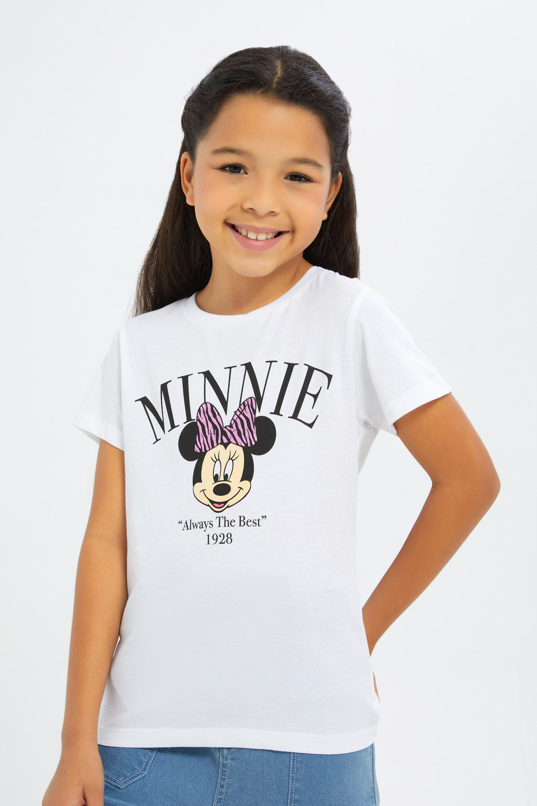 Redtag-Girls-White-Minnie-Placement-Print-T-Shirt-Category:T-Shirts,-CHA,-Colour:White,-Deals:New-In,-Filter:Girls-(2-to-8-Yrs),-GIR-T-Shirts,-H1:KWR,-H2:GIR,-H3:TSH,-H4:CAT,-New-In-GIR-APL,-Non-Sale,-S23C,-Season:S23C,-Section:Girls-(0-to-14Yrs),-TBL-Girls-2 to 8 Years