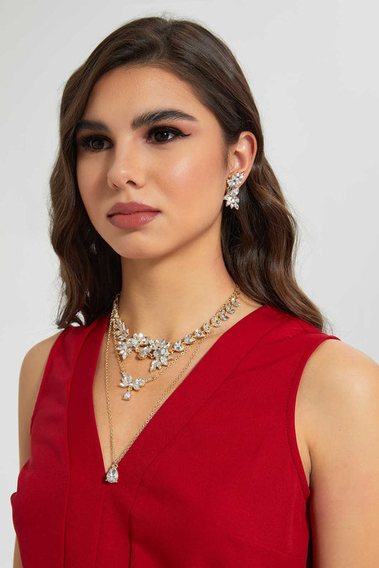 Gold Rhinestone Embellished Necklace and Earrings Set