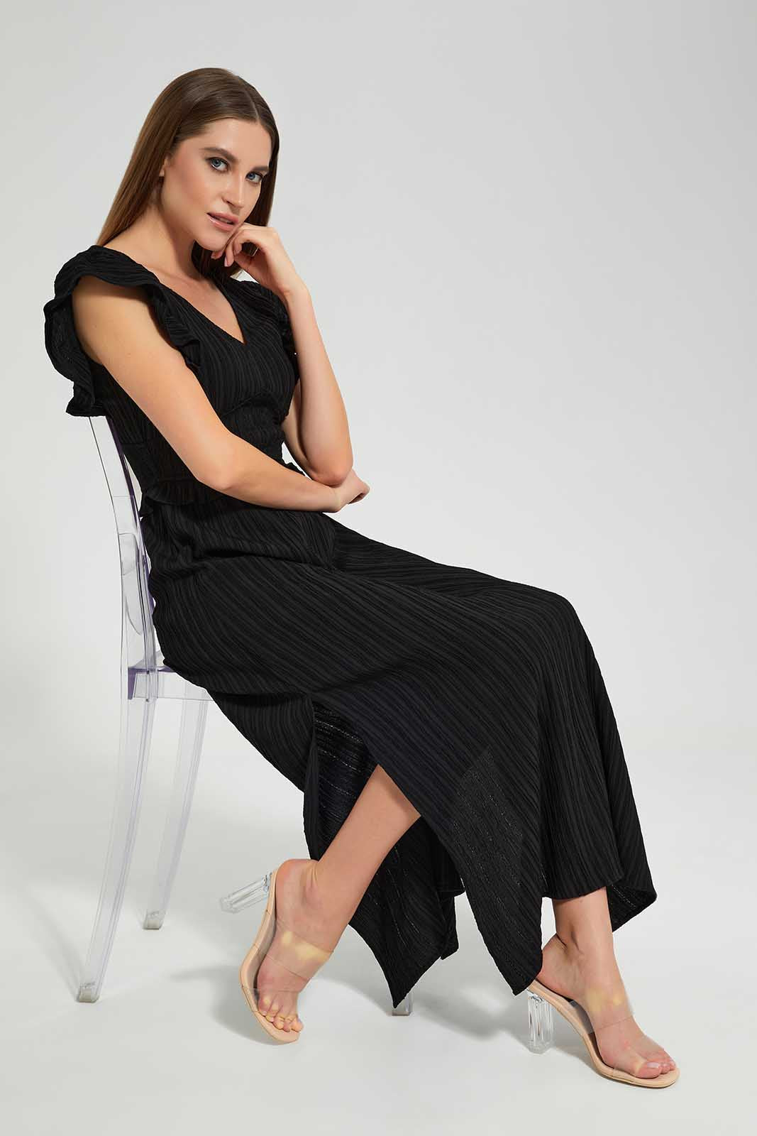 Black Ruffled Sleeve Smocking Dress