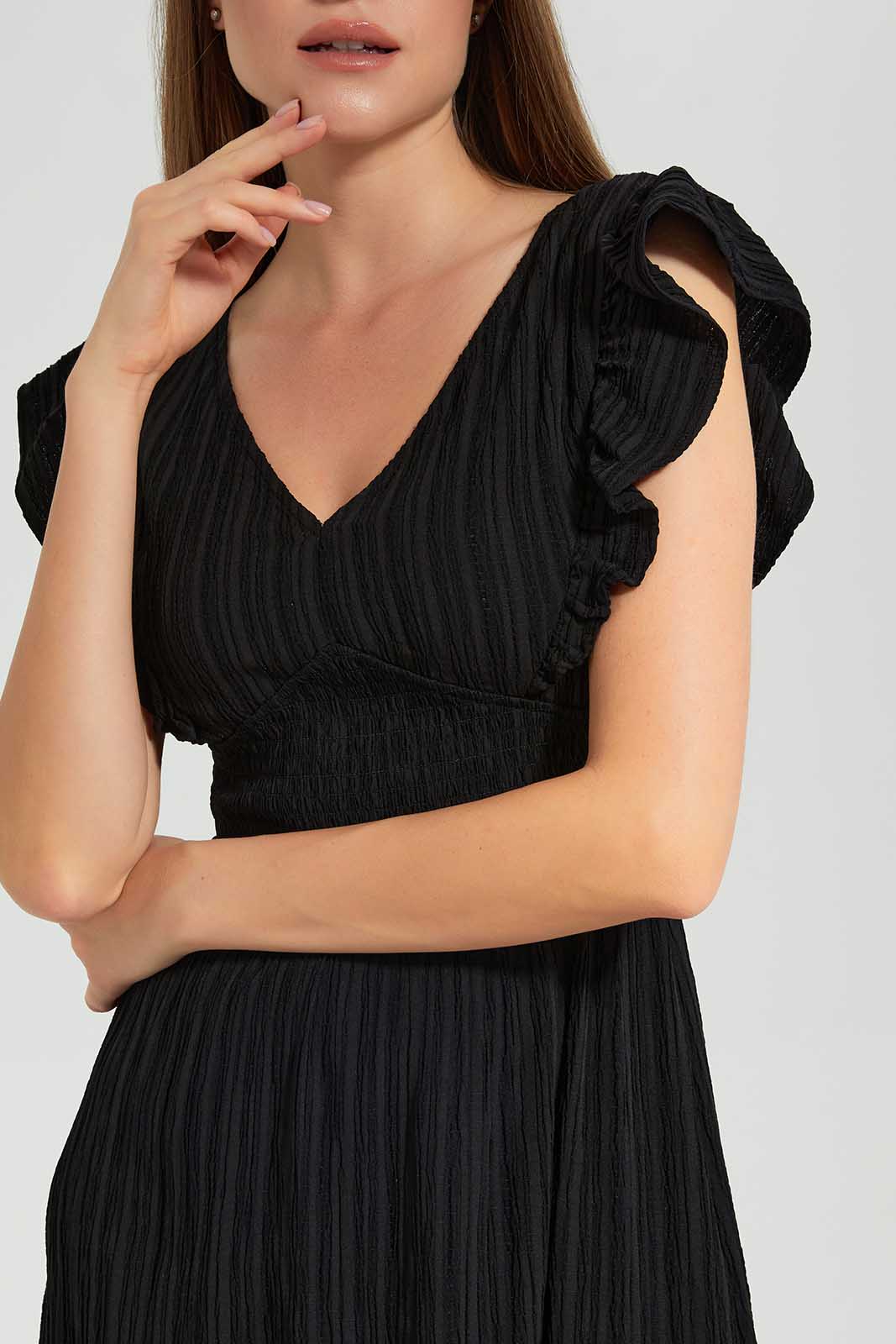 Black Ruffled Sleeve Smocking Dress