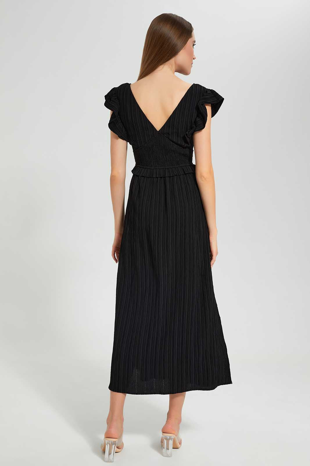 Black Ruffled Sleeve Smocking Dress