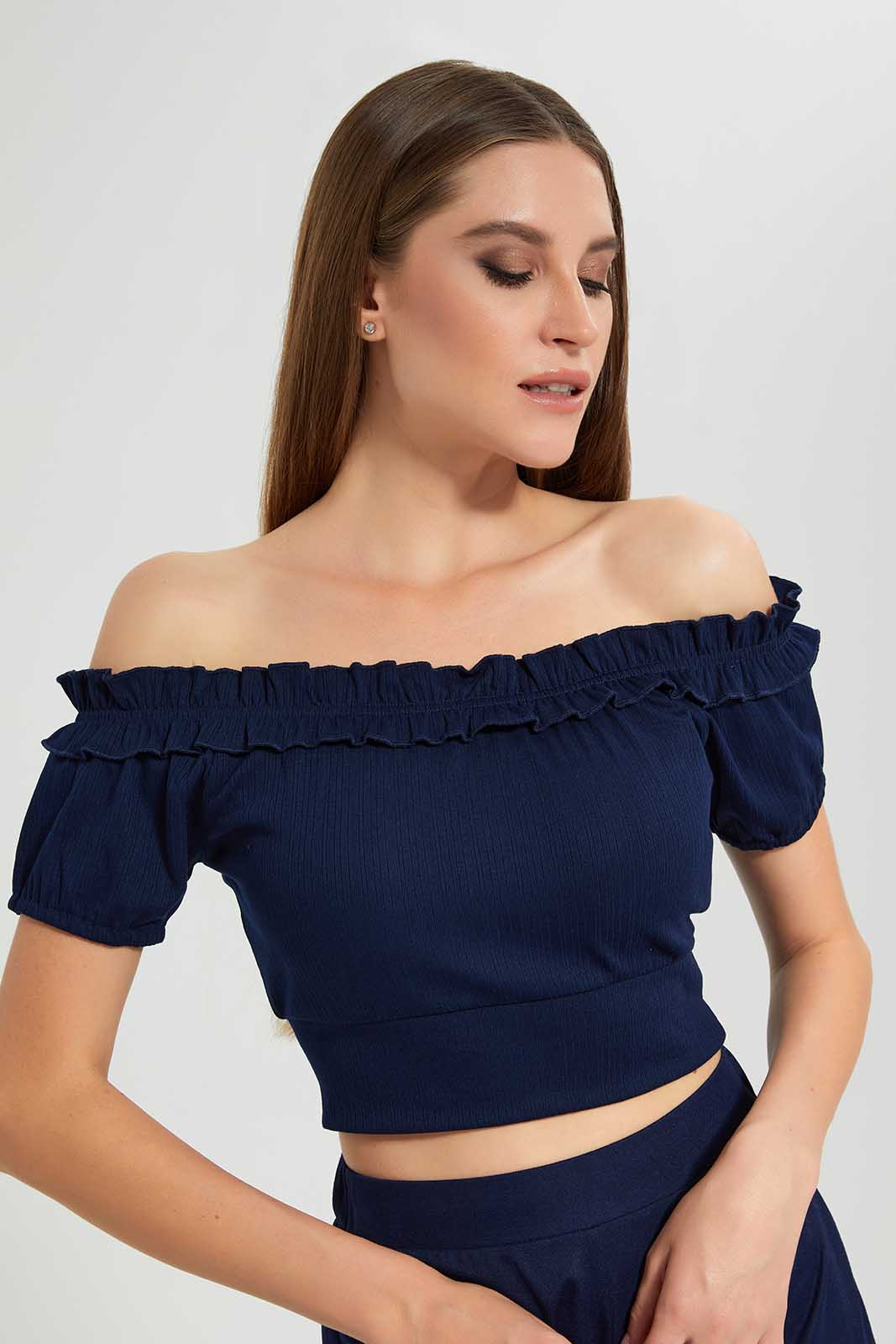 Navy Off Shoulder Crop Top