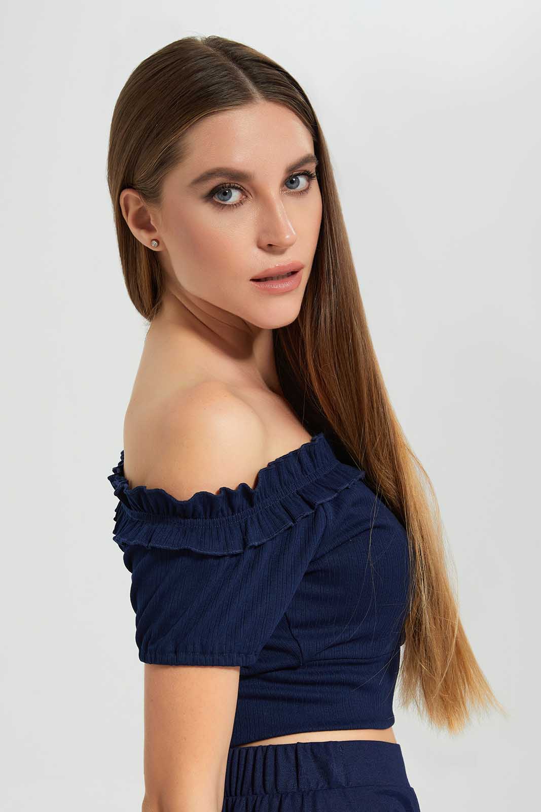 Navy Off Shoulder Crop Top