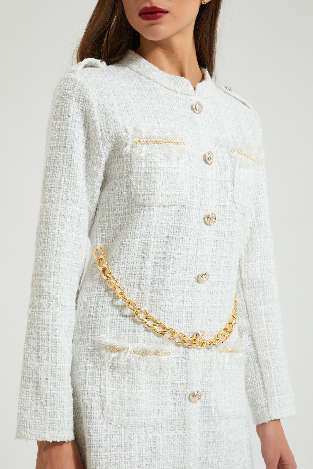 Ivory Checked Dress With Chain And Buttons