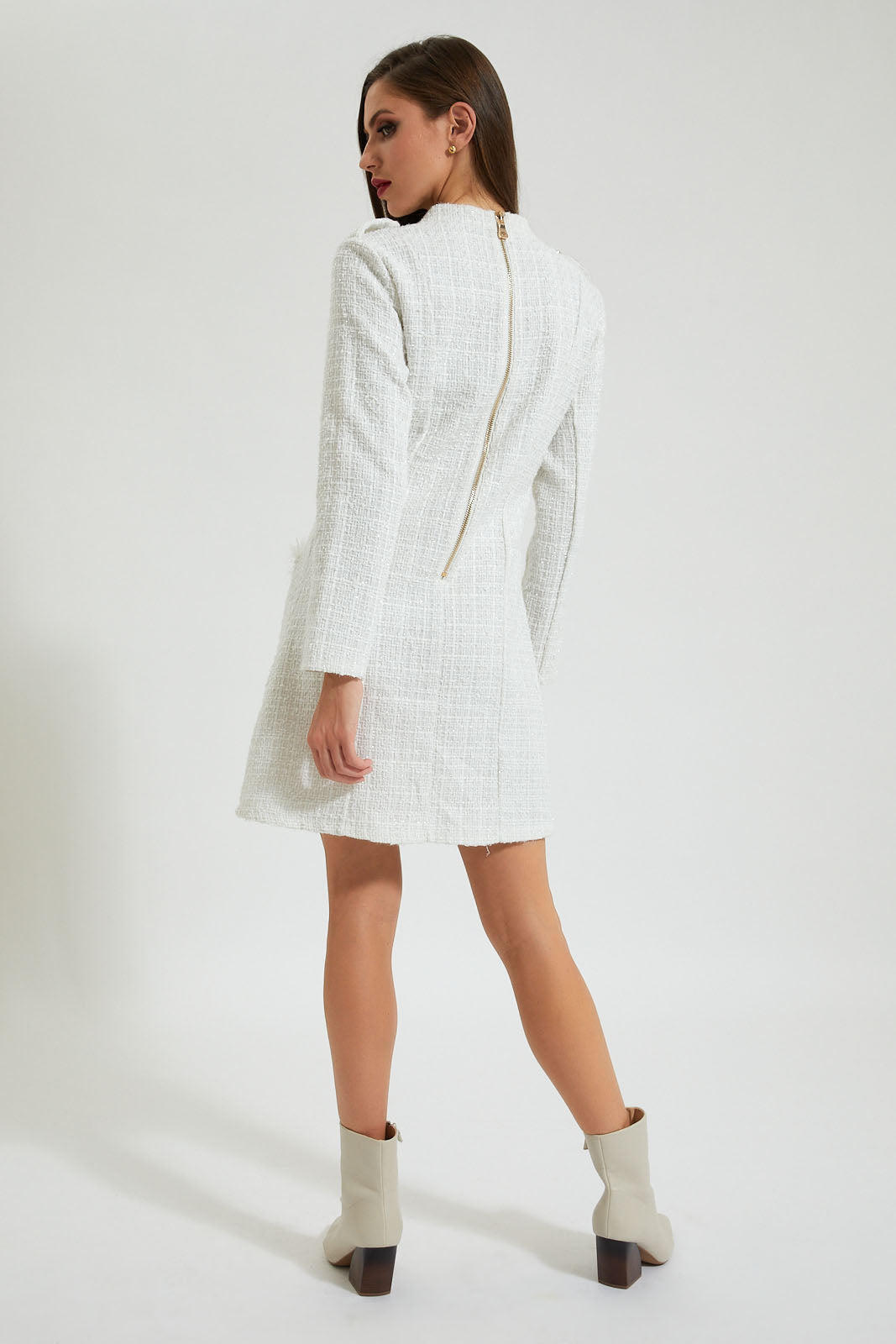 Ivory Checked Dress With Chain And Buttons