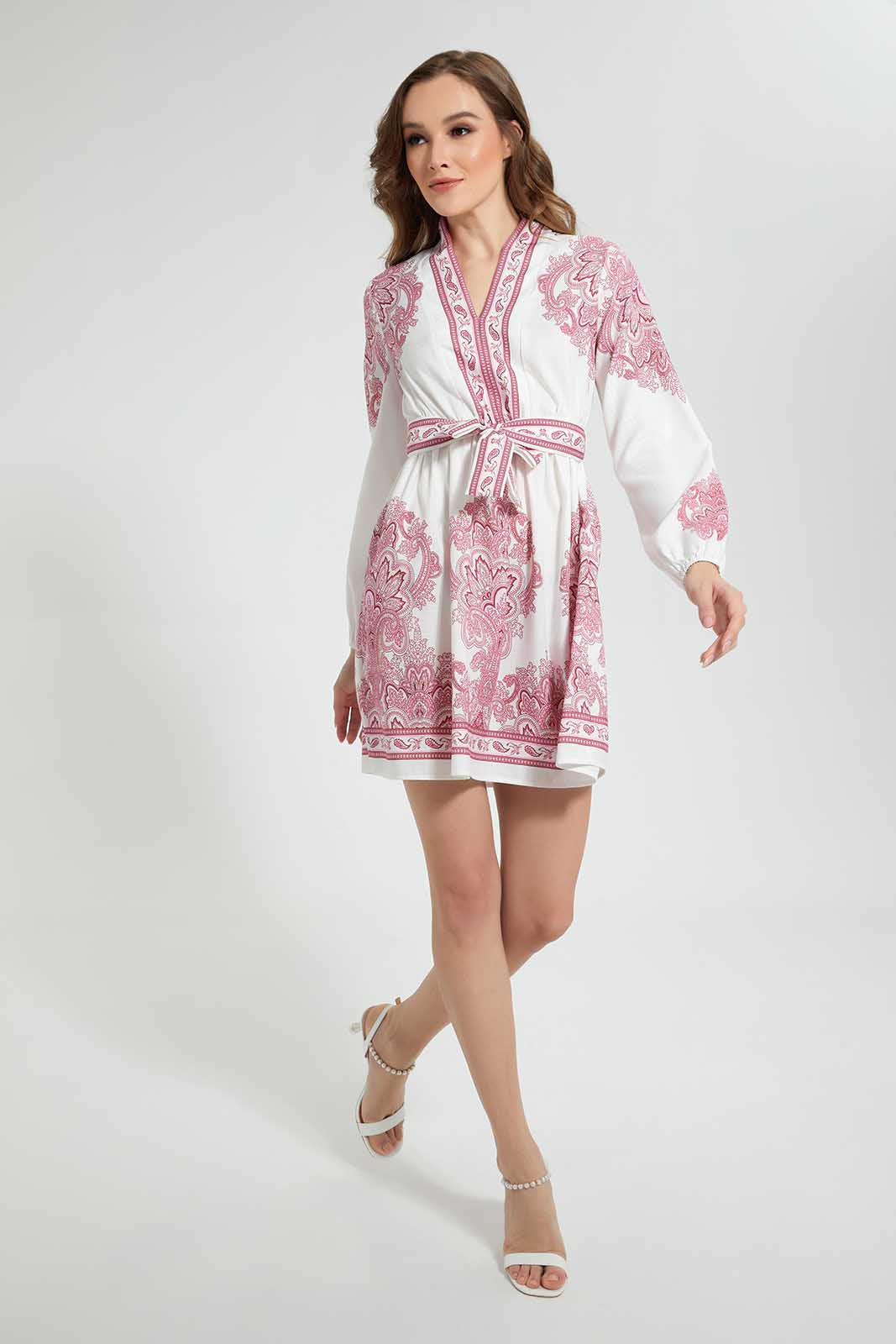 Ivory And Pink Belted Dress
