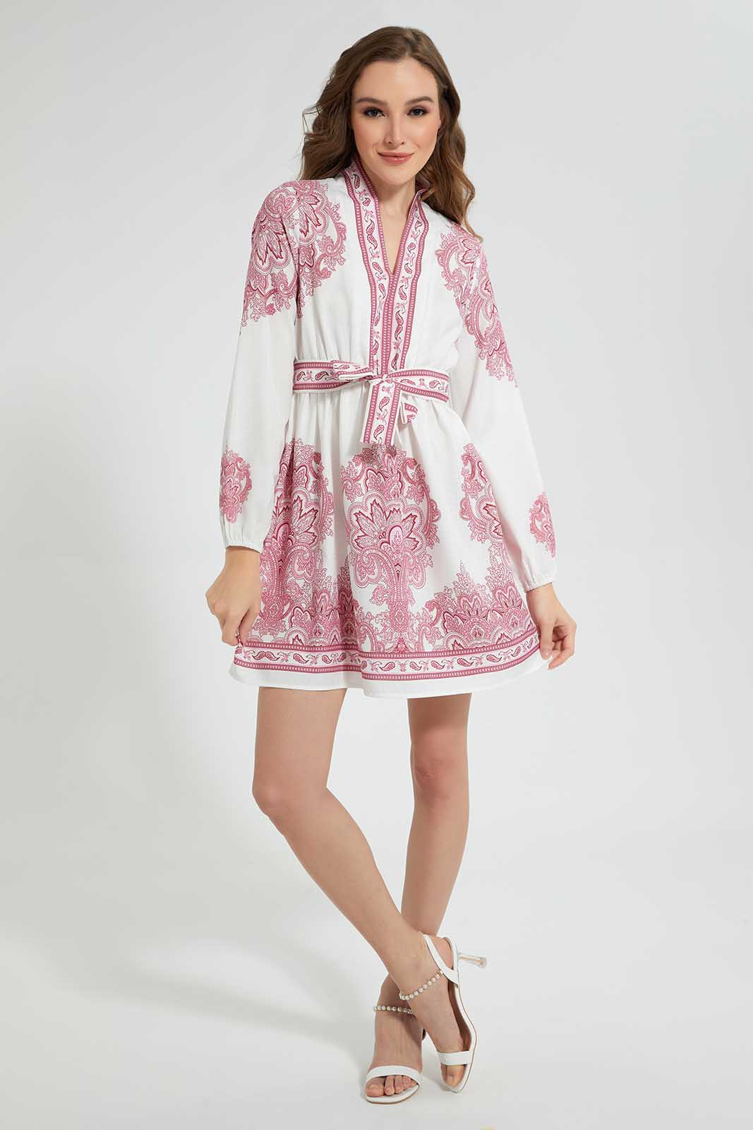 Ivory And Pink Belted Dress