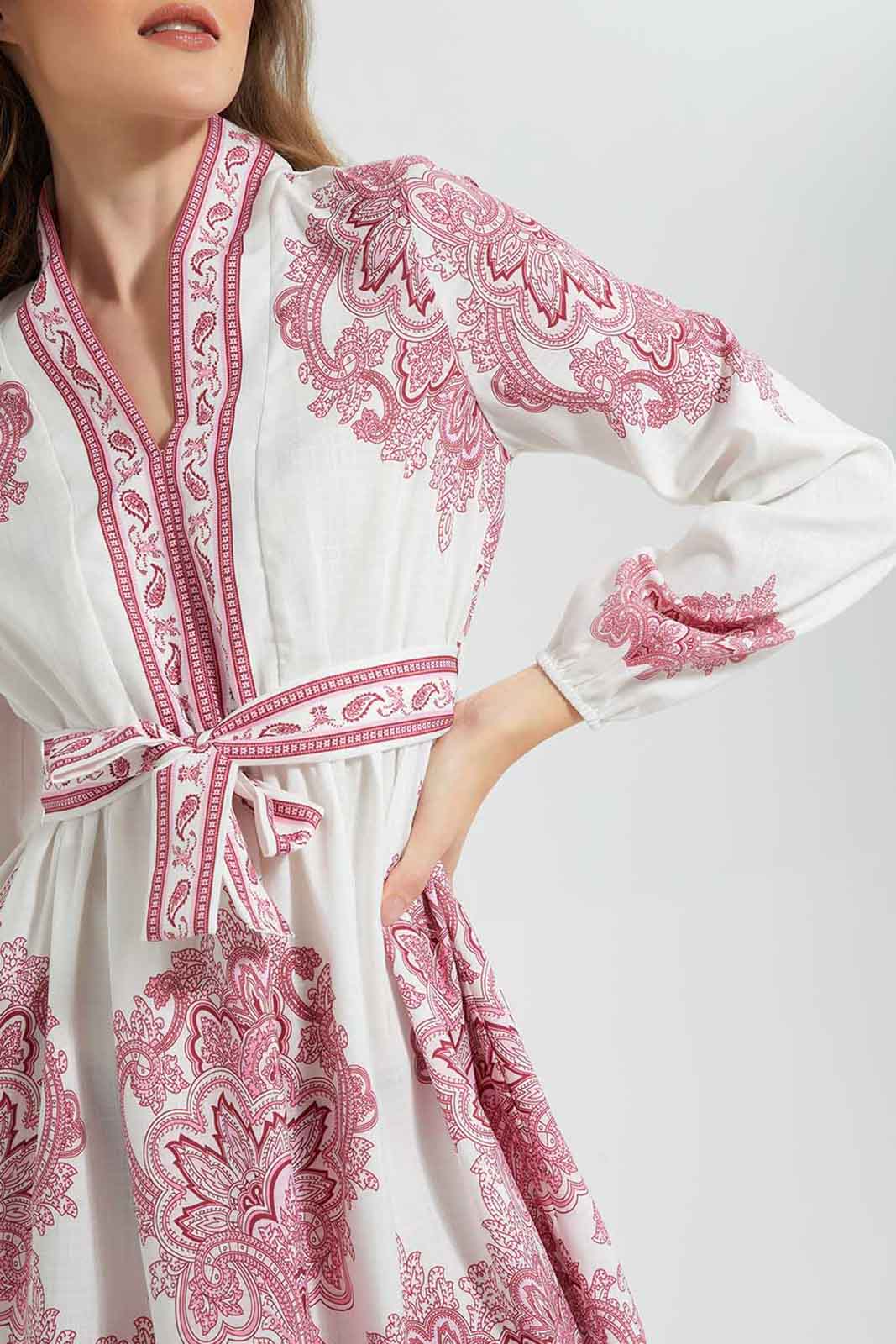 Ivory And Pink Belted Dress