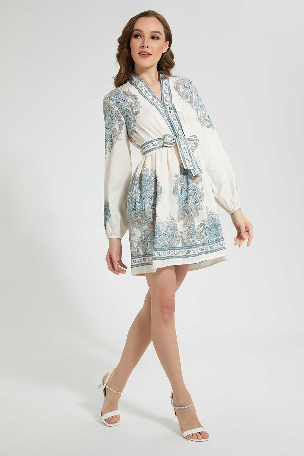 Ivory And Green Belted Dress