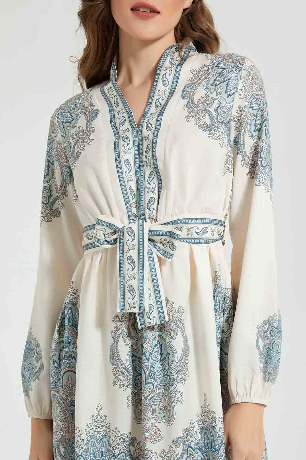 Ivory And Green Belted Dress