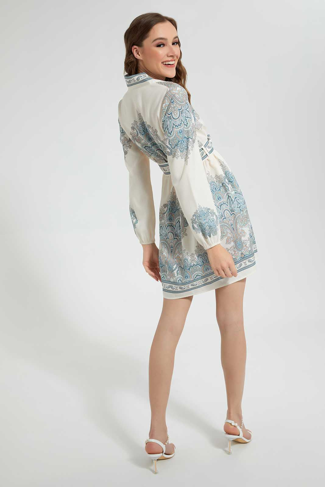 Ivory And Green Belted Dress