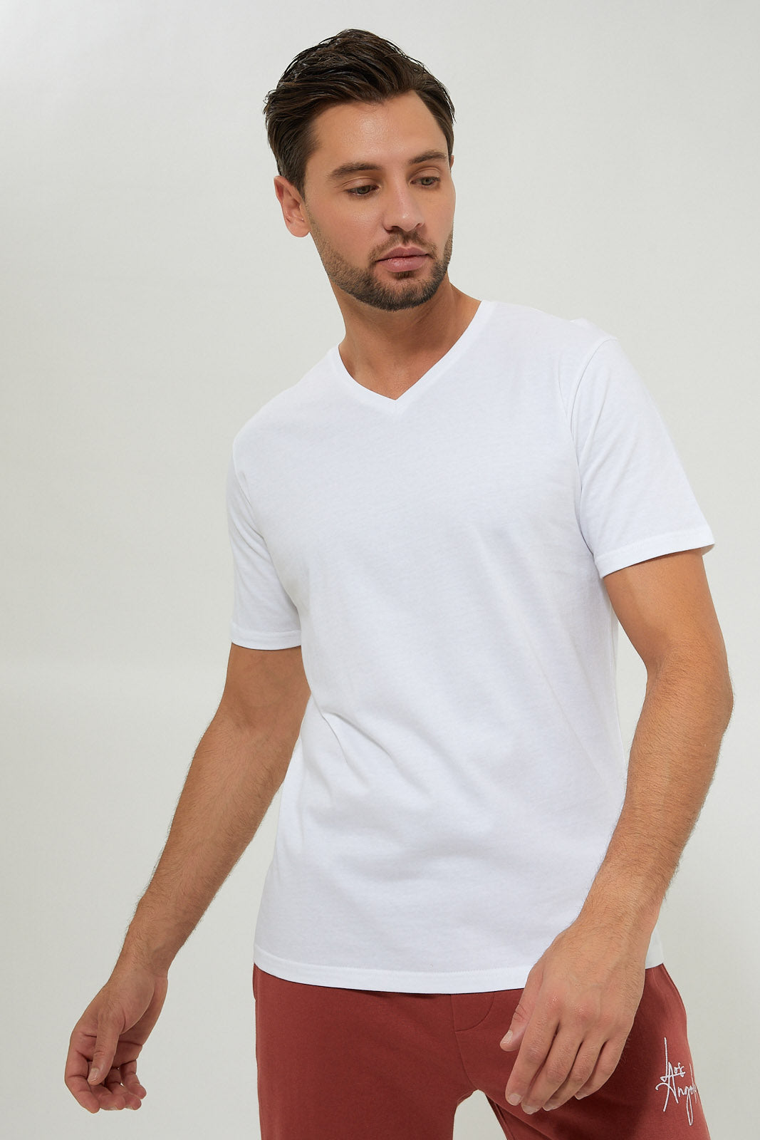 Men White V-Neck Basic T-Shirt
