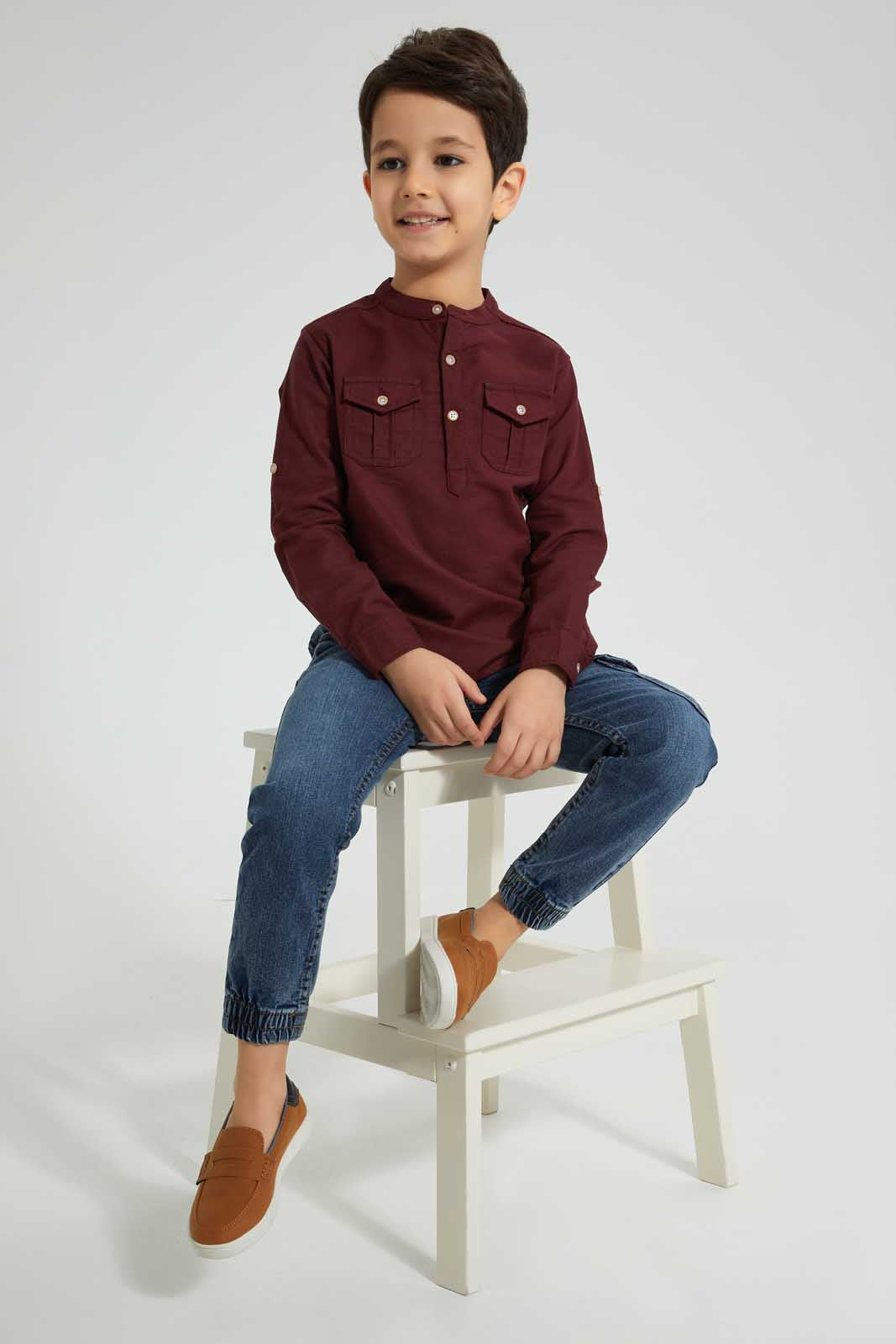 Burgundy Mandarin Long Sleeve Shirt