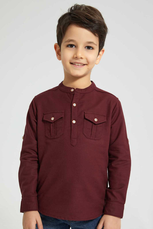 Burgundy Mandarin Long Sleeve Shirt