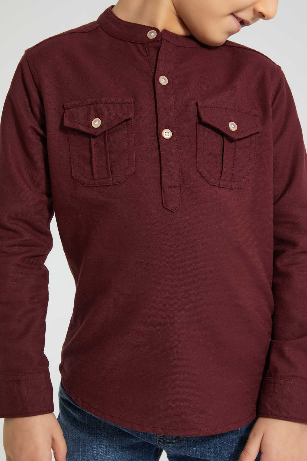 Burgundy Mandarin Long Sleeve Shirt