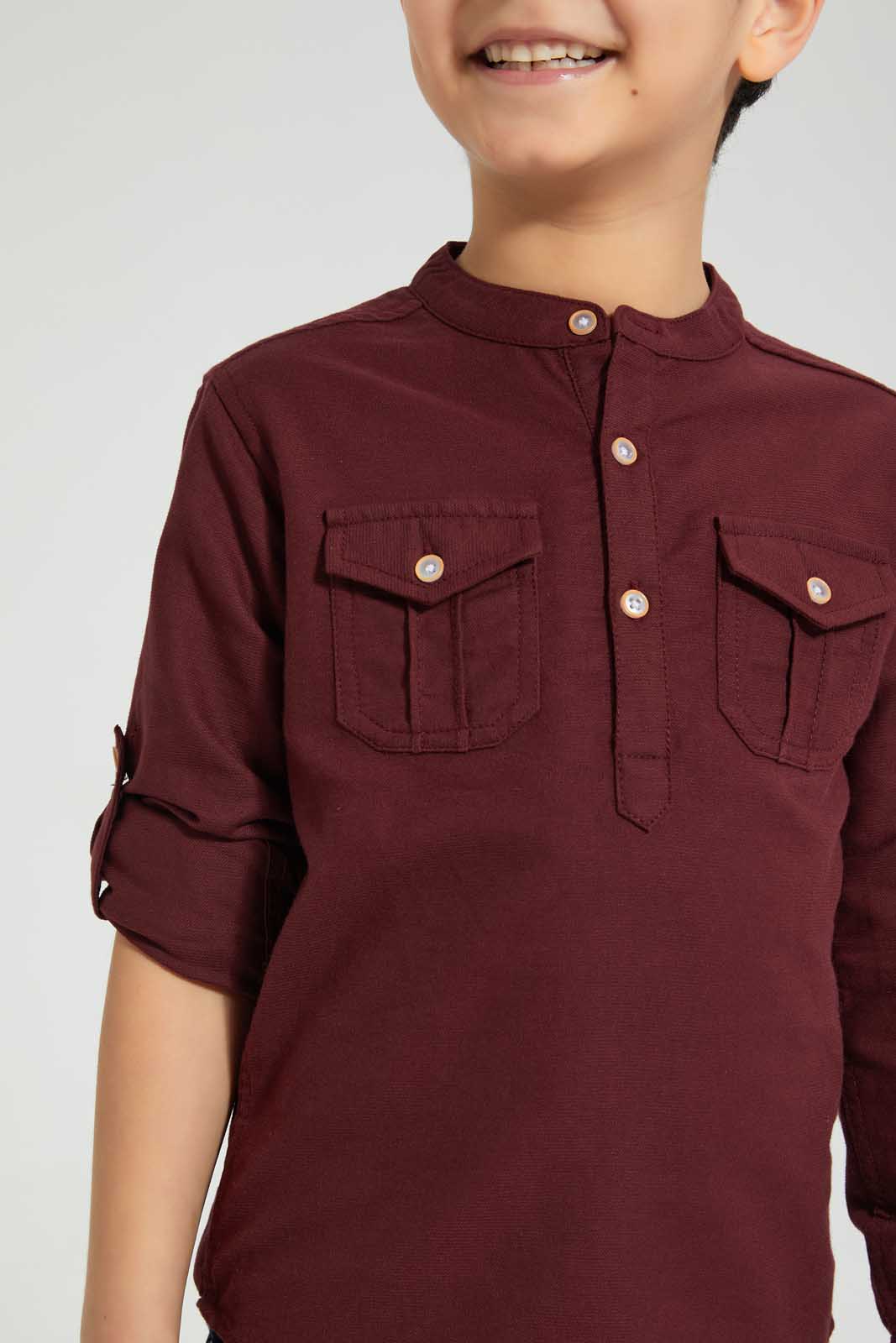 Burgundy Mandarin Long Sleeve Shirt