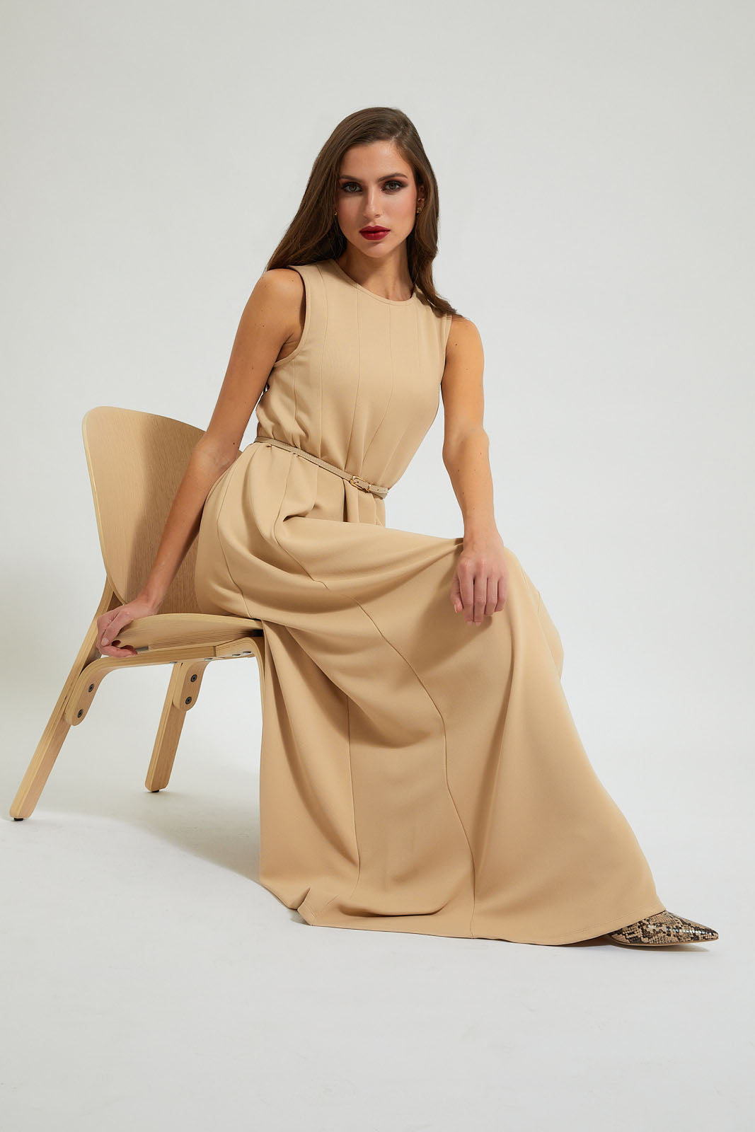 Sand Flared Belted Dress