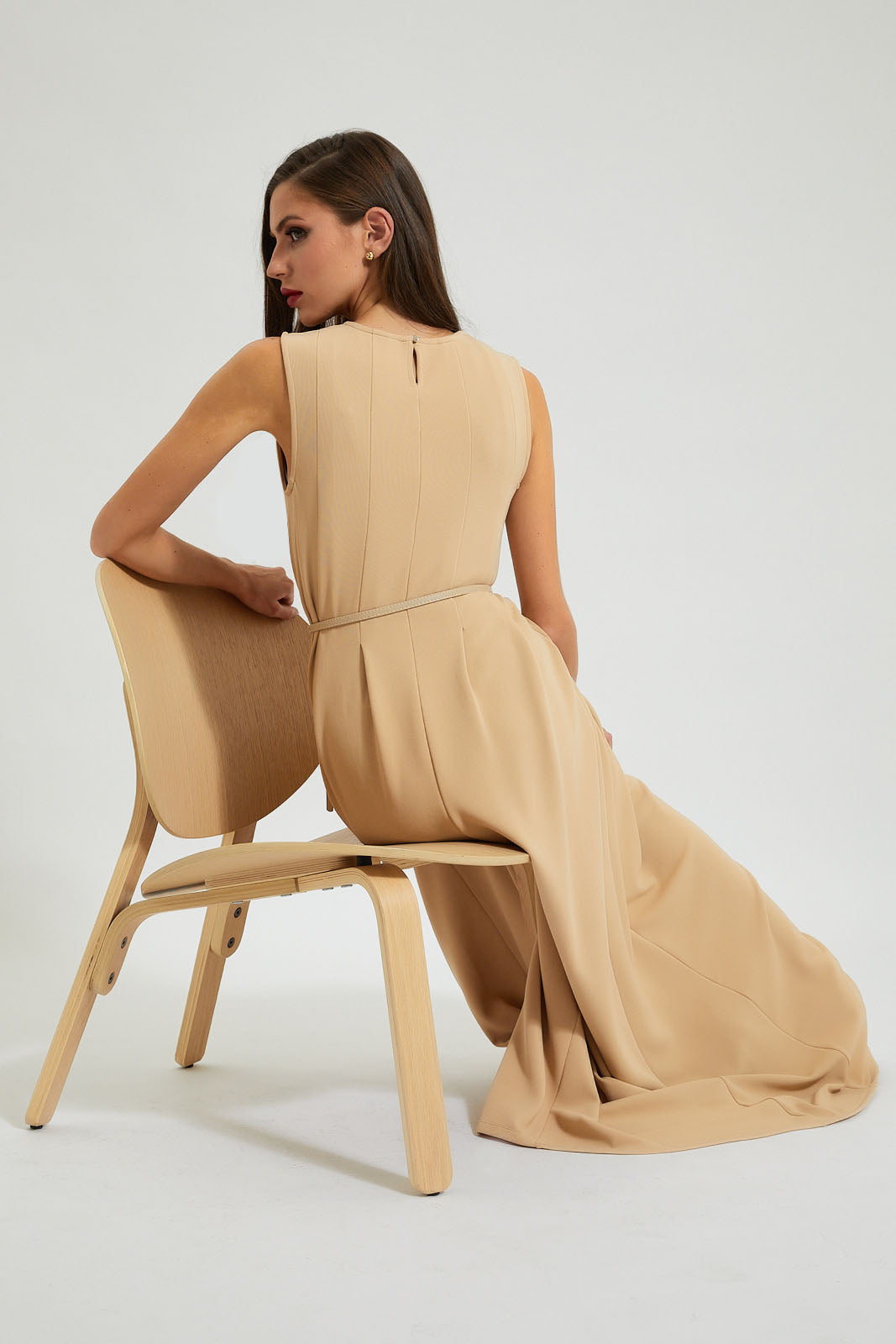 Sand Flared Belted Dress