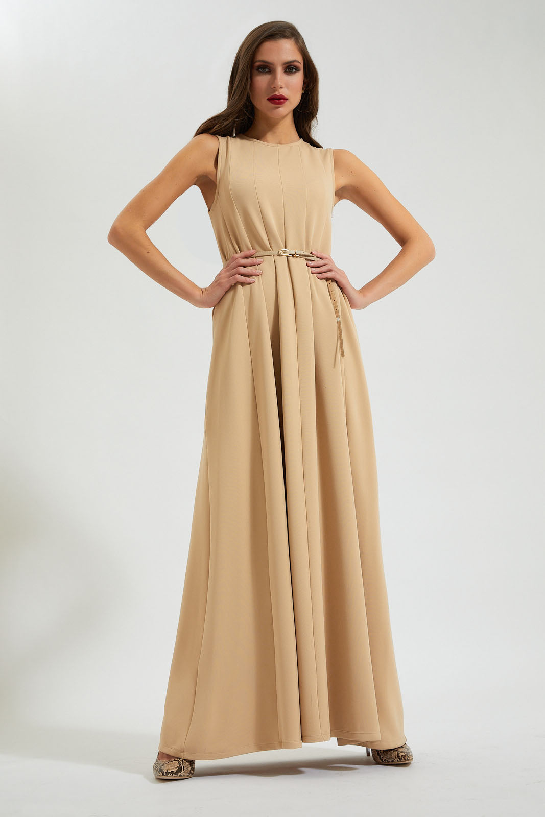 Sand Flared Belted Dress