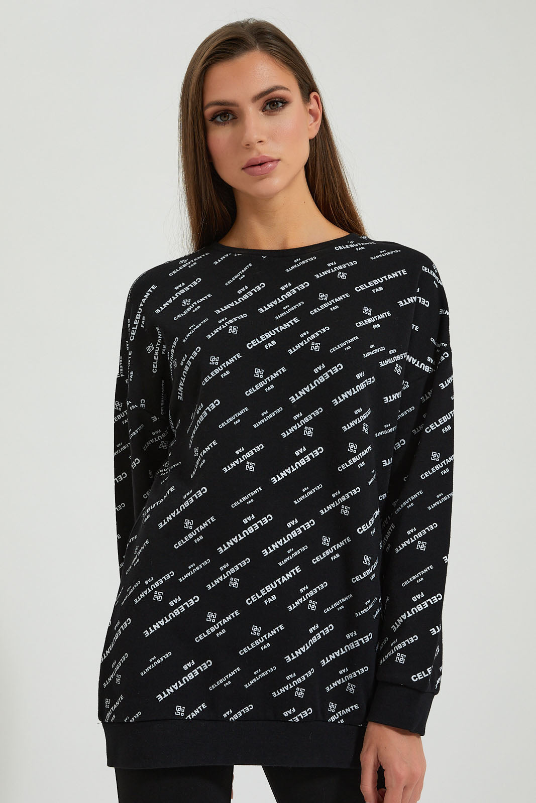 Black Printed Long Length Sweatshirt