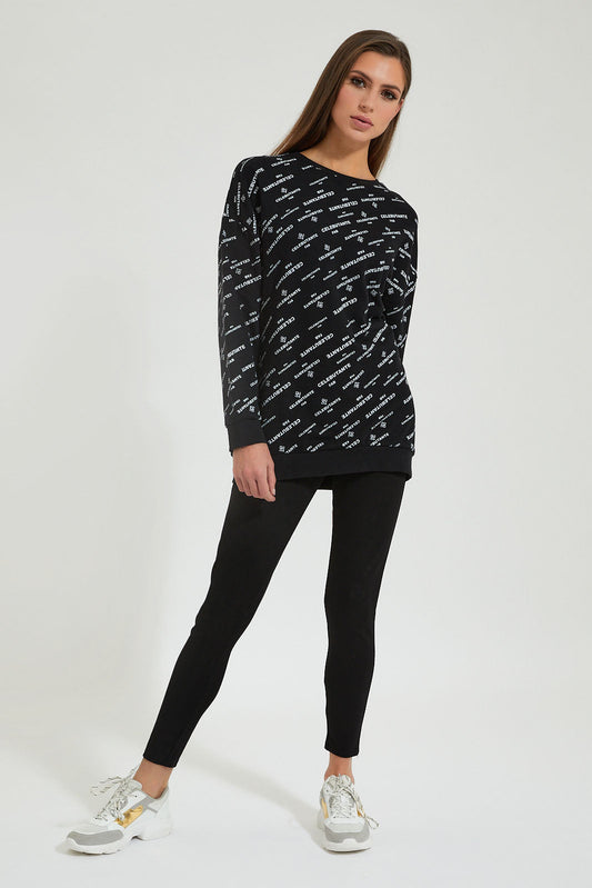 Black Printed Long Length Sweatshirt