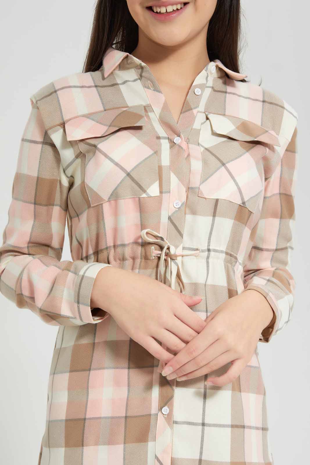 Pink Checkered Shirt Dress For Senior Dress